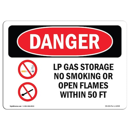 Signmission OSHA Danger, LP Gas Storage No Smoking Open Flames 50 Ft, 7in X 5in Decal, 5" W, 7" L, Landscape OS-DS-D-57-L-1444